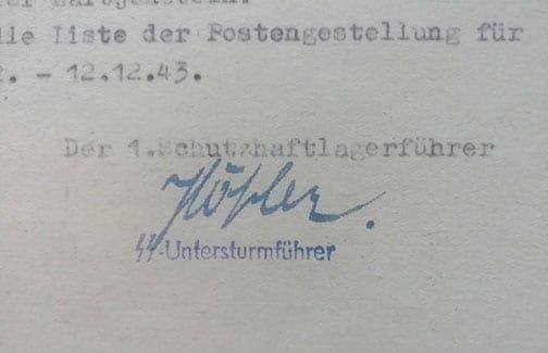 DOCUMENT SIGNED BY KL BERGEN-BELSEN & AUSCHWITZ SS LEADER FRANZ HOESSLER