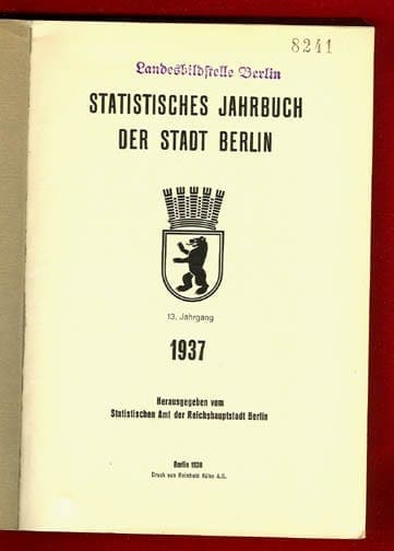 1937 STATISTICAL YEARBOOK REICHSHAUPTSTADT BERLIN